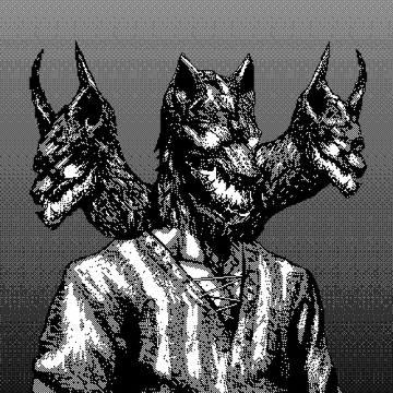 A black and white pixel-art style image of a demonic figure wearing a horned mask and a striped shirt, raising its clawed hands.