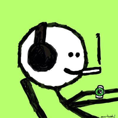 A simple cartoon drawing of a stick figure wearing headphones and smoking, showing off a wristwatch with a green face, signed '_ortoshi' in the corner against a green background.