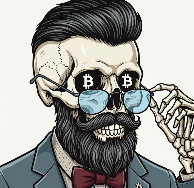 A stylishly bearded skull in a suit and sunglasses with Bitcoin "B" symbols for eyes holds up a skeletal hand, perfectly matching the "gm frens BTC is all I see today" sentiment with its crypto-obsessed, hipster aesthetic.
