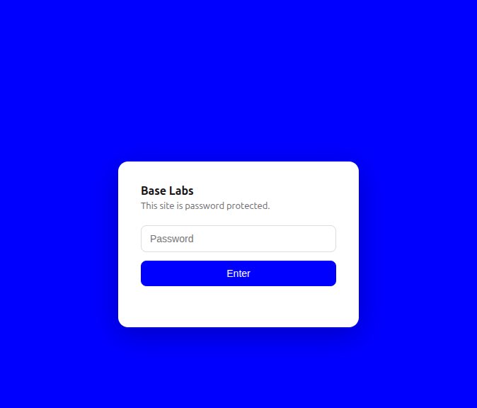 A password-protected site entrance screen for 'Base Labs' on a blue background, with a password entry field and an 'Enter' button.