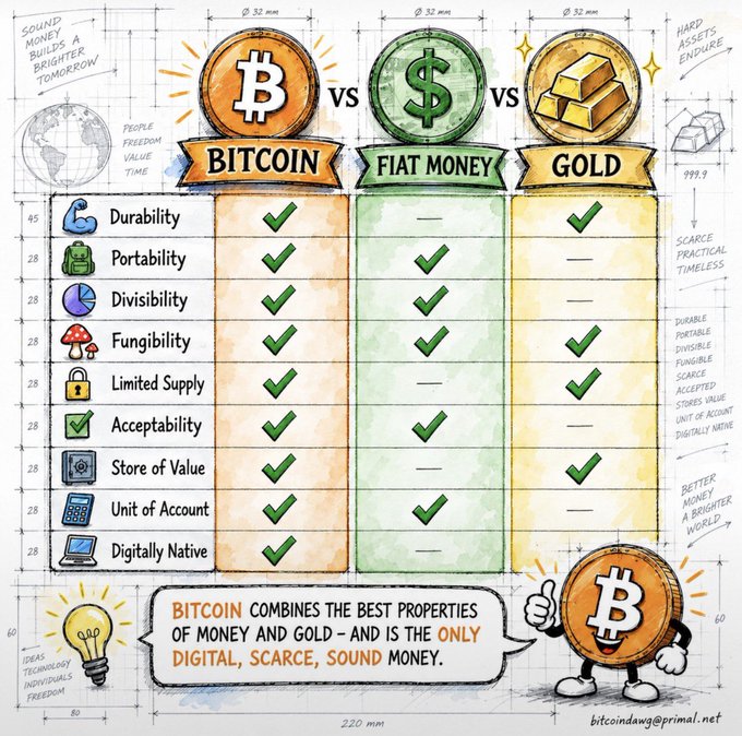 An infographic comparing Bitcoin, Fiat Money, and Gold across properties like durability, portability, and divisibility, concluding that 'Bitcoin combines the best properties of money and gold — and is the only digital, scarce, sound money.'