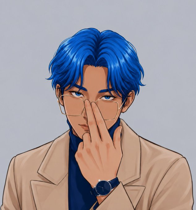 An anime-style portrait of a man with vibrant blue hair and blue eyes, wearing rimless glasses and a tan coat, posing with his hand near his face against a gray background. The polished, stylish illustration complements the upbeat "GM CT Happy weekend" greeting.