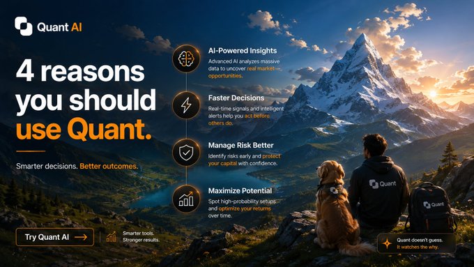 A marketing banner for 'Quant AI' lists '4 reasons you should use Quant,' highlighting AI-Powered Insights, Faster Decisions, Manage Risk Better, and Maximize Potential, set against a mountain backdrop.