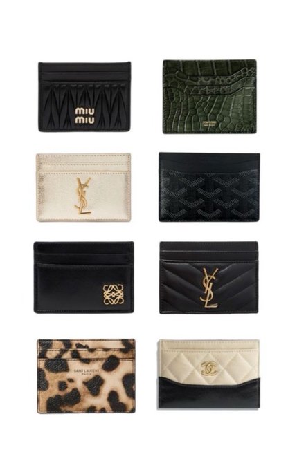 A grid of eight designer card holders featuring luxury brands including Miu Miu, Saint Laurent (YSL), Loewe, and Chanel in various colors and textures like croc-embossed green, gold, and leopard print.