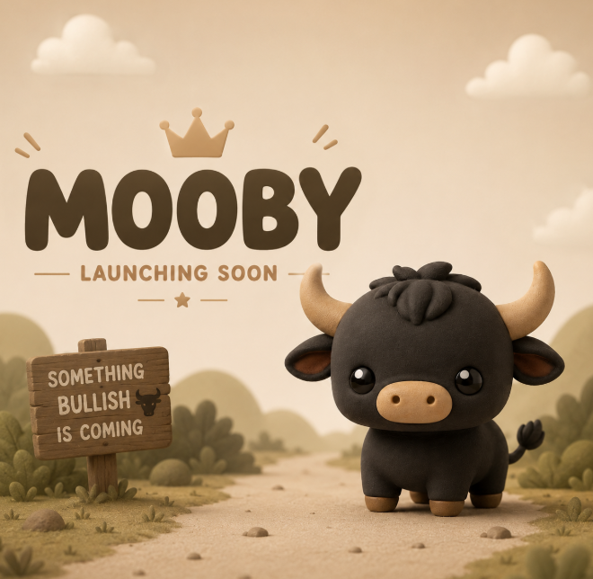 A 'MOOBY' meme coin launch announcement featuring a cute cartoon black bull with a crown logo, text 'LAUNCHING SOON' and 'SOMETHING BULLISH IS COMING' on a wooden sign in a pastoral setting.