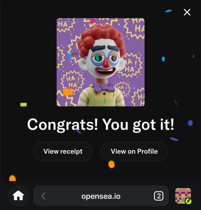 An OpenSea confirmation screen reading 'Congrats! You got it!' featuring a cartoon clown NFT with red hair against a purple 'HA HA' background.