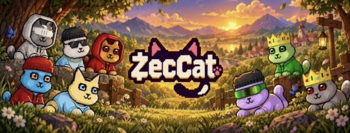 The image is a colorful promotional banner for "ZecCat," featuring the brand's logo alongside cartoon cats in various costumes and outfits, set against a sunset landscape background. The text "ZecCat" is prominently displayed in the center, visually reinforcing the NFT marketplace mentioned in the giveaway announcement.