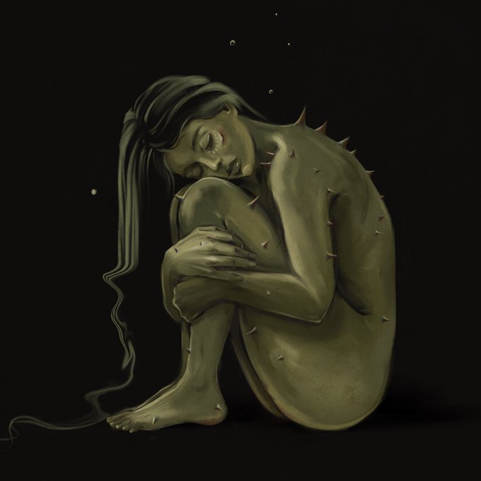 A digital painting of a green-skinned, thorn-covered female figure curled up in a fetal position with her eyes closed against a dark background.