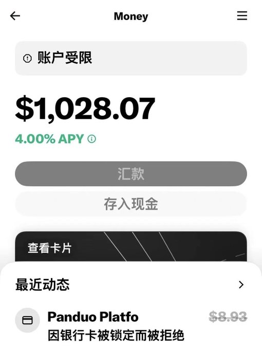 A banking app screenshot displays a balance of $1,028.07 with 4.00% APY, showing Chinese text including "账户受限" (account restricted), "汇款" (transfer), and "存入现金" (deposit cash).