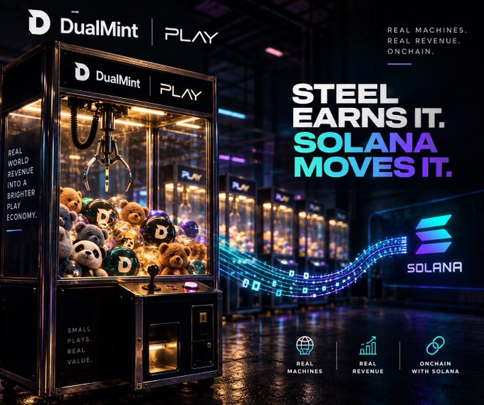 An advertisement for 'DualMint PLAY' featuring a claw machine filled with branded teddy bears, with the tagline 'STEEL EARNS IT. SOLANA MOVES IT.' highlighting real machines and onchain revenue.