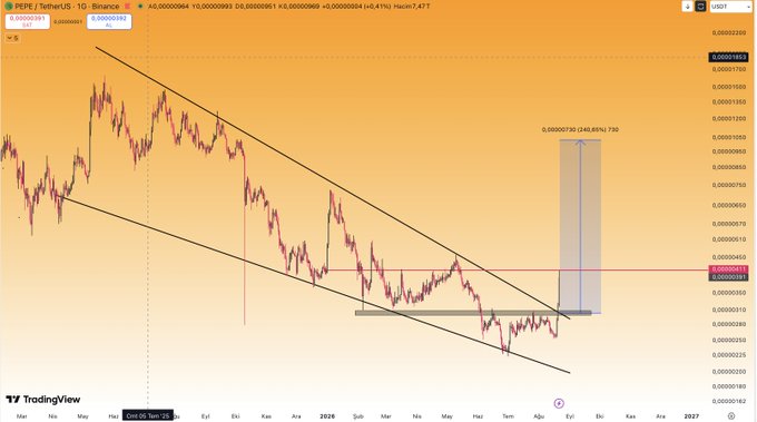 The image shows a PEPE/USDT (Binance) technical analysis chart on TradingView with a descending channel pattern, highlighting a price target showing a potential 248.66% gain (reaching 0.00000730) with the current price at 0.00000352, indicating a critical resistance zone that aligns with the post's analysis of a 33% rise and key breakout level.