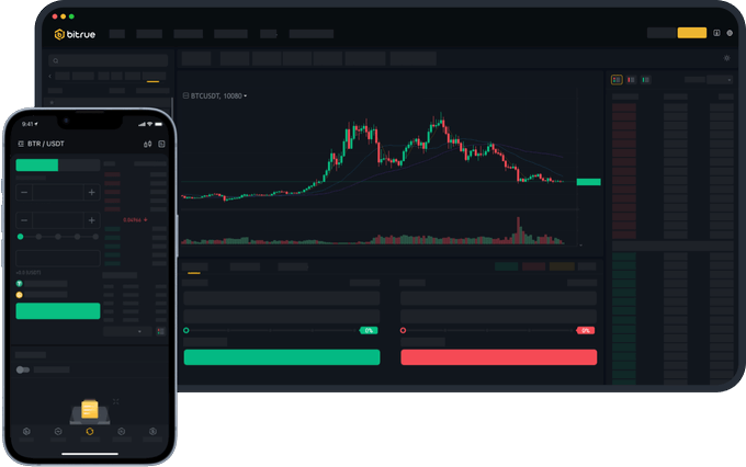 A desktop and mobile view of the Bitrue cryptocurrency exchange platform displaying BTC/USDT trading charts alongside order books, illustrating the post's promotion of Bitrue's new AI trading assistant for XRP and other cryptocurrencies.
