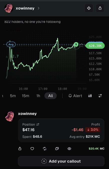 A cryptocurrency or stock tracking app screenshot shows a portfolio named 'xowinney' with a price chart, 822 holders, and a current value around $20.38K.