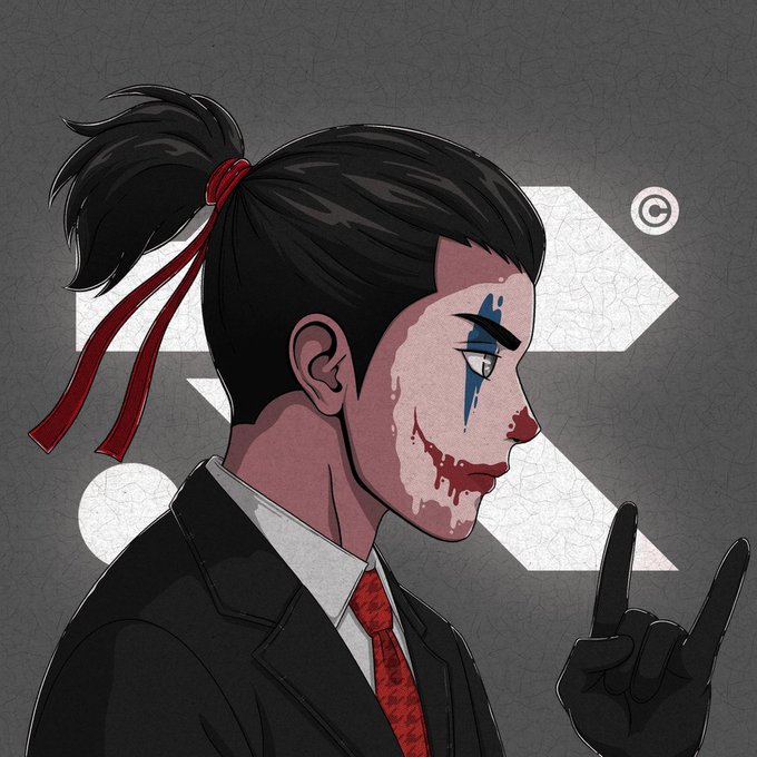 This profile artwork shows a person with dark hair in a ponytail tied with a red ribbon, dressed in a suit and tie, with clown-like face paint and a copyright symbol. The edgy, stylized portrait fits well with the idea of people changing their profile pictures (PFPs).
