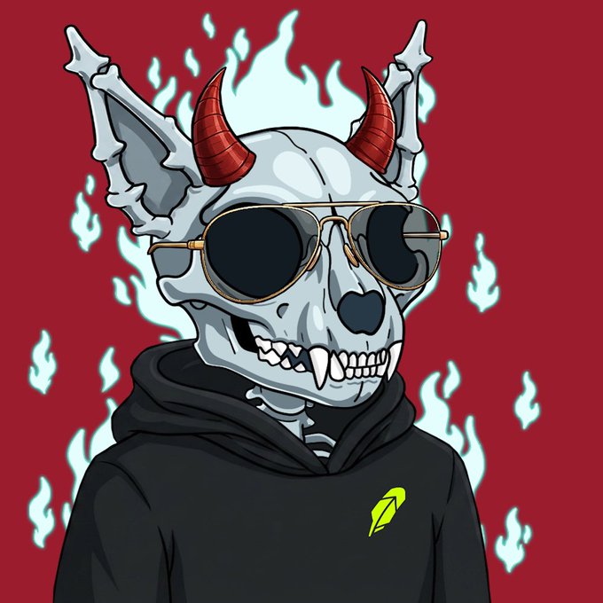 A cartoon illustration of a skeleton wearing red horns, aviator sunglasses, and a black hoodie with a yellow logo, set against a red background with blue flames.