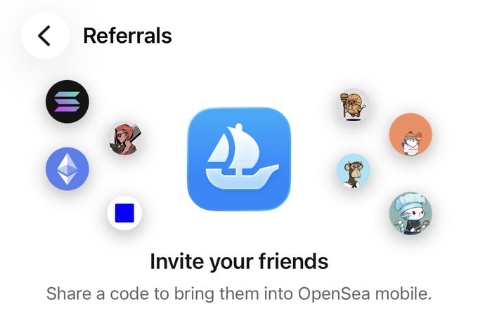 An OpenSea mobile app 'Referrals' screen featuring a central blue sailboat logo and the text 'Invite your friends - Share a code to bring them into OpenSea mobile,' surrounded by NFT profile icons.