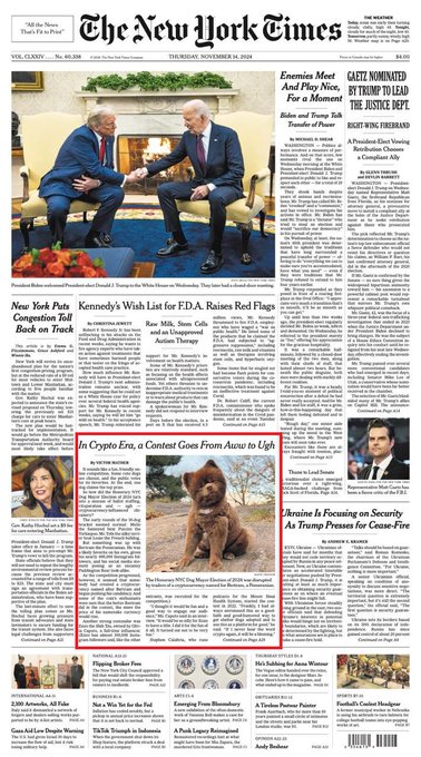 A front page of "The New York Times" newspaper dated November 14, 2024, featuring headlines such as "Enamiov Meets And Plays Nice, For a Moment," "Gazel Nominated by Trump to Lead the Justice Dept," and "Kennedy's Wish List for F.D.A. Raises Red Flags." The post highlights how $BERT memecoin achieved the rare distinction of making the NYT front page, underscoring its prominence among thousands of memecoins.