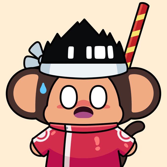 A cartoon monkey character wearing a black samurai-style helmet and a pink and red kimono, appearing startled with a sweat drop, against a beige background.