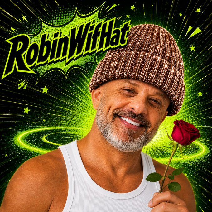 A vibrant, comic-style promotional image featuring a smiling older man with a gray beard wearing a sparkly pink beanie and white tank top, holding a red rose, with the text 'RobinWhat' displayed in bold green letters against a starburst green background.