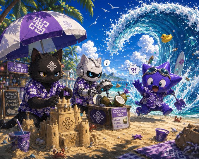 A vibrant digital illustration of cats on a beach wearing purple floral shirts, featuring a 'COCO-BOT 3000' coconut vendor, a 'RITUAL BEACH BAR' stand, and a 'TODAY'S SPECIAL Coconut Paradise' chalkboard sign.