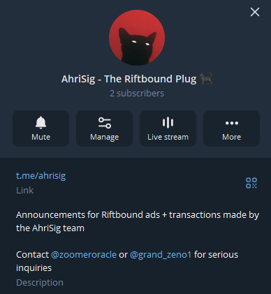 The image shows a Telegram channel popup for "AhriSig - The Riftbound Plug" with 2 subscribers, featuring contact links to @zoomeradale and @grand_zeno1, matching the advertised t.me/ahrisig link.