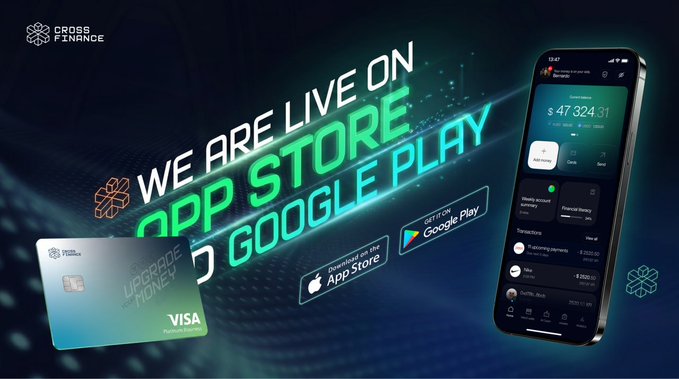 The image features a smartphone with an app displayed on its screen. The app appears to be related to cross-finance or cross-currency payments, as indicated by the text "Today marks something that' s never existed before". The app is available for both App Store and Google Play, allowing users to spend USDC and USDT directly from their Web3 wallet across EVM networks.