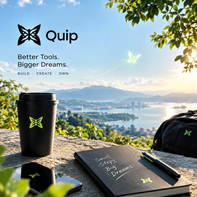 A promotional image for 'Quip' featuring the text 'Better Tools. Bigger Dreams. BUILD • CREATE • OWN' alongside branded merchandise like a mug, notebook, and backpack overlooking a coastal city.