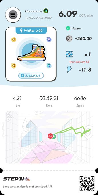 A StepN app screen displays a user's 'Hanomone' stats, showing a current energy generation rate of 6.09 GST/Min and earnings of +360.00, with a note that 'Your slots are full'.