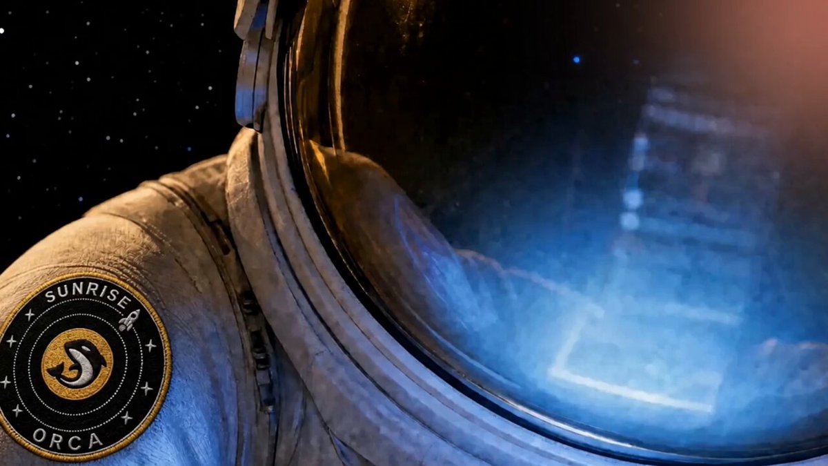 The image features a close-up of an astronaut's head and shoulders wearing a white spacesuit with a gold emblem that reads "Orca" and "Sunrise". The helmet has a reflective visor, which appears to be foggy due to the low light conditions in space. This suggests that the photo was taken during a mission or while on a space shuttle. The caption above the image reads: "Orca is ready for takeoff, with @sunrisedefi This Friday."