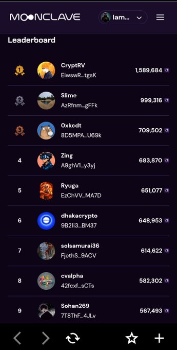 A MOONCLAVE leaderboard showing top players including CryptRV, Slime, and Oxkcdt with their respective point totals.