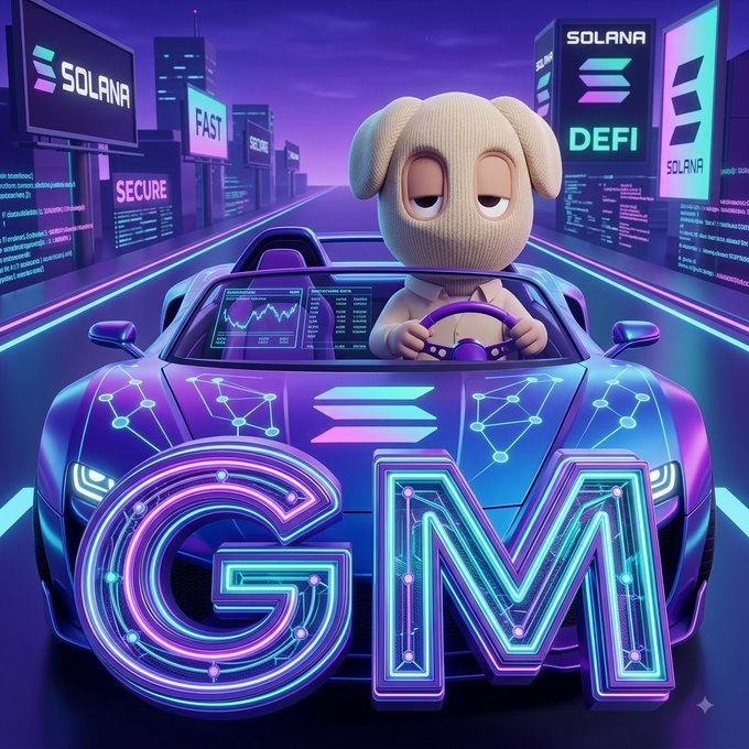 A neon-styled 3D illustration of a dog character driving a purple sports car on a futuristic highway, with Solana branding and the glowing letters "GM" in the foreground.