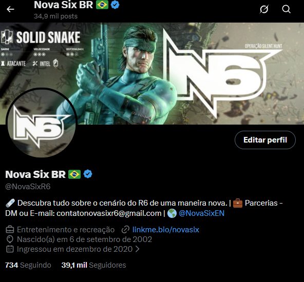 A Twitter/X profile page for 'Nova Six BR' (@NovaSixR6) featuring Solid Snake imagery, with bio text in Portuguese stating 'Descubra tudo sobre o cenário do R6 de uma maneira nova', showing 39.1 mil seguidores and joined December 2020.