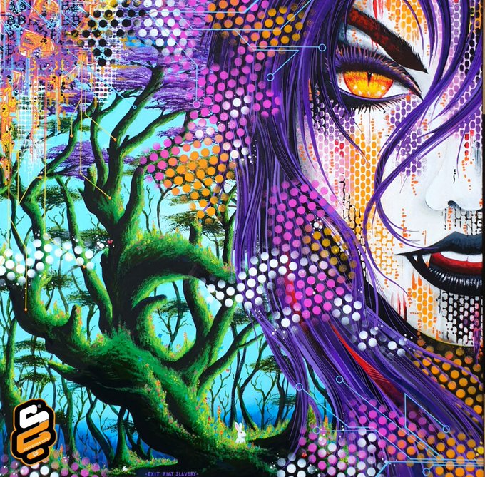 A vibrant, surreal digital artwork featuring a purple-haired figure with glowing yellow eyes alongside a twisted, moss-covered tree, decorated with halftone dot patterns and credited to 'EXIT FINE SLAVERY'.
