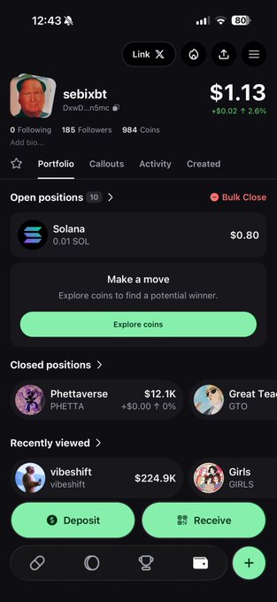 A mobile screenshot of the Pump.fun trading platform showing the user profile "sebixbt" with a portfolio balance of $1.13, a follower count of 185, and open positions including Solana (0.01 SOL), supporting the post's announcement about joining the Pump.fun trading challenge.