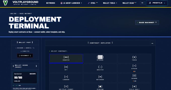 A screenshot of the 'VOLTPLAYGROUND' deployment terminal interface shows smart contract deployment options on the Base Mainnet, including counters, storage, and token contracts.