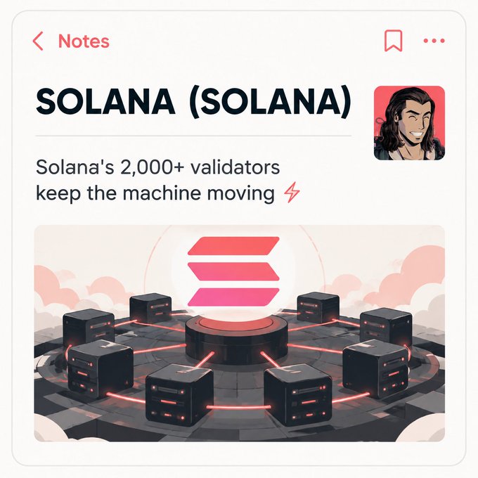 A note titled 'SOLANA (SOLANA)' states 'Solana's 2,000+ validators keep the machine moving' alongside an illustration of a Solana logo above connected nodes.
