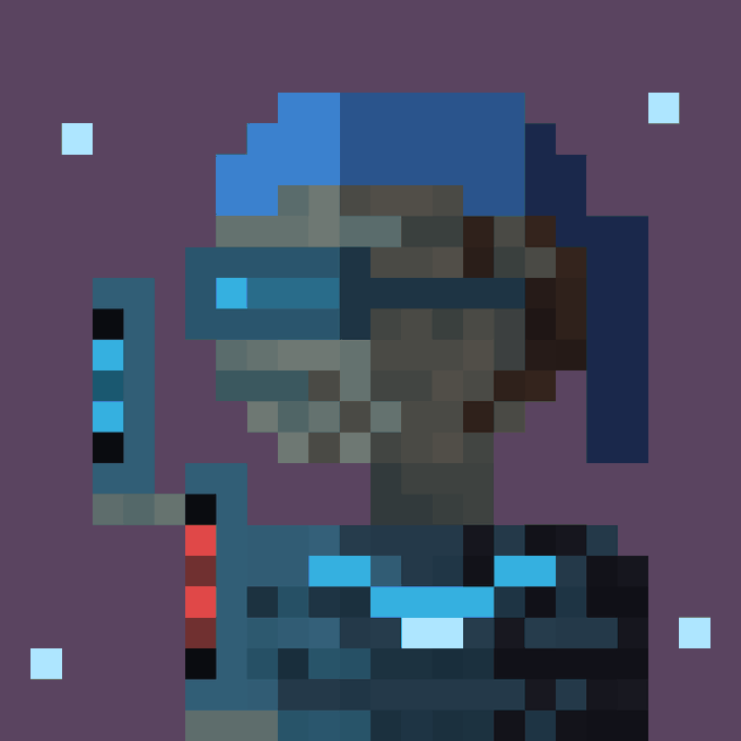 A pixel art style character in blue armor with a helmet and red details, set against a dark purple background with small floating squares.
