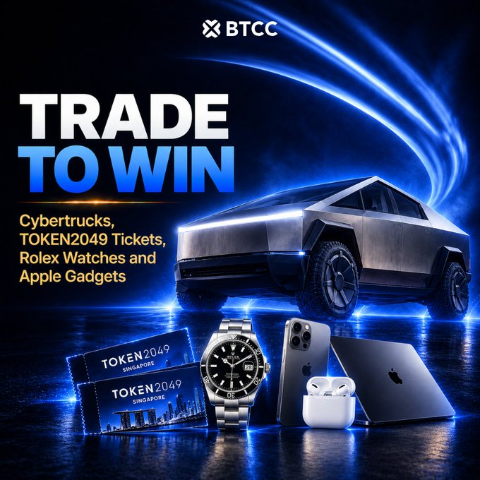 A BTCC promotional graphic titled "TRADE TO WIN" features a Tesla Cybertruck alongside luxury prizes including TOKEN2049 Singapore tickets, a Rolex watch, and Apple gadgets (iPhone, MacBook, AirPods), promoting their crypto trading competition ending October 13th, 2026.