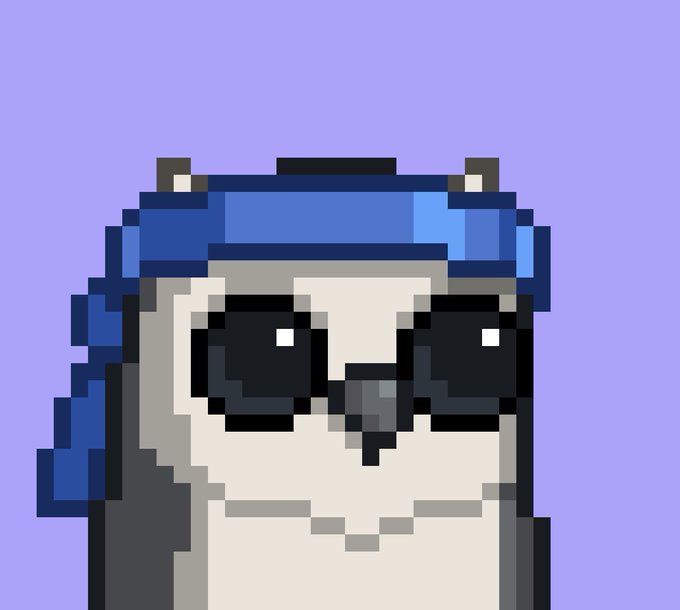 A pixel art illustration of a penguin character wearing a blue helmet or hood against a purple background.