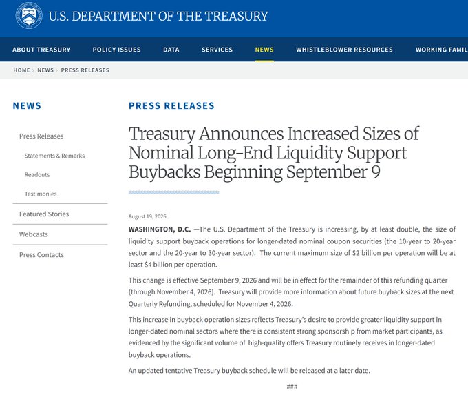 A screenshot of a U.S. Department of the Treasury press release from August 19, 2026, titled 'Treasury Announces Increased Sizes of Nominal Long-End Liquidity Support Buybacks Beginning September 9'.