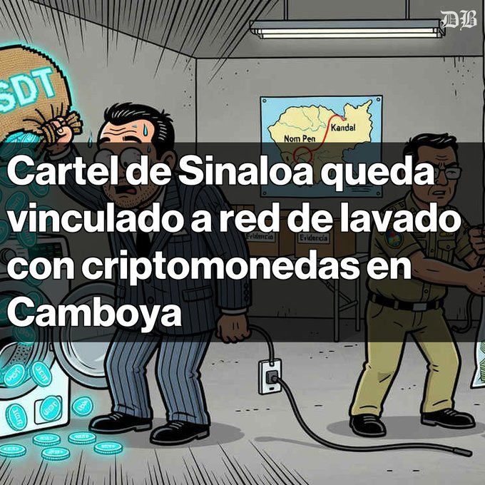 An illustration with Spanish text reading 'Cartel de Sinaloa queda vinculado a red de lavado con criptomonedas en Camboya', depicting a distressed man next to a vault of USDT coins while a police officer watches.