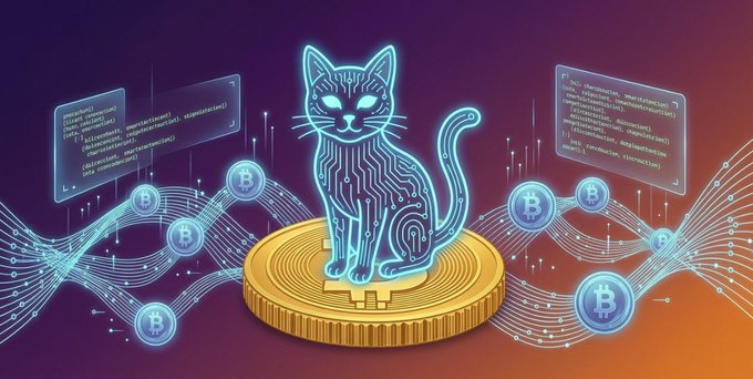 A glowing neon cat figure built from circuit-board patterns sits atop a gold Bitcoin coin, surrounded by floating Bitcoin (B) symbols, wave-like data streams, and code snippets. The imagery visually represents OP_CAT—a Bitcoin opcode being reactivated—symbolizing how this "cat" of code stitches together new cryptographic capabilities for the Bitcoin network.