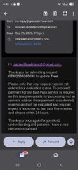 The image shows a mobile email or chat interface where "no-reply@geckoterminal.com" informs a user that they can submit a request through "support@geckoterminal.com" if they believe project information is incorrect or untrue, encouraging submission of evidence like blockchain addresses, tweets, and documentation. This supports the user's complaint about being charged a ~$200 "fast pass" fee to correct misleading or scam information posted on GeckoTerminal's platform.