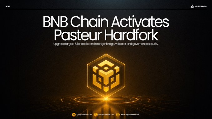 A news graphic titled 'BNB Chain Activates Pasteur Hardfork' with subtitle 'Upgrade targets fuller blocks and stronger bridge, validator and governance security,' featuring a glowing golden BNB cube logo on a black background.