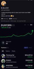 A cryptocurrency dashboard screenshot showing the KALEO token with a price of $1,007,855, green price chart, and a predictions list featuring users like "thinking Guy" and "KOKIO".
