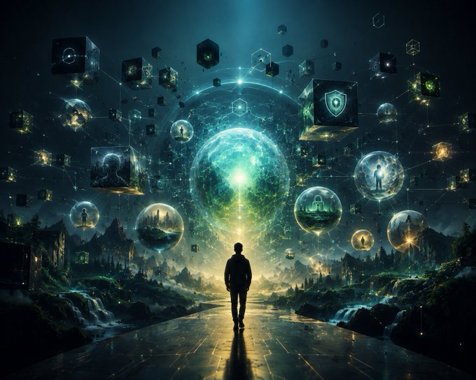 A silhouetted figure stands facing a glowing digital sphere surrounded by interconnected holographic cubes and orbs representing the building blocks of Beldex's privacy ecosystem—messaging, browsing, identity, and payments—symbolizing the project's expansive vision beyond just a coin.