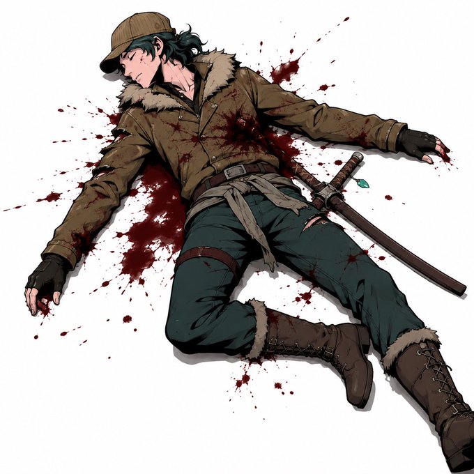 An anime illustration depicts a man lying on the ground, covered in blood, with a sword beside him, symbolizing the user's feeling of being "dead" to "ansem", "cashcat", and "solsticefi" airdrops and future "2026 airdrops."
