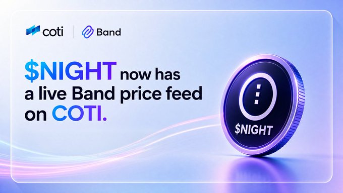 A promotional graphic featuring the COTI and Band logos announces that "$NIGHT now has a live Band price feed on COTI," accompanied by a stylized purple coin displaying the $NIGHT ticker, visually supporting the announcement of Midnight's token receiving reliable oracle integration for DeFi applications on the COTI network.