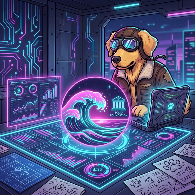 A golden retriever wearing aviator goggles and a leather jacket analyzes data on a holographic interface marked "DATA ANALYSIS," "MARKET TRENDS," and "$SOLID FOUNDATION" alongside a laptop displaying "$JETDOG," visually capturing the post's theme of focused preparation and strategic analysis behind the $JETDOG project on Solana.