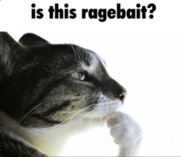 A black and white cat with a serious expression is shown with the text 'is this ragebait?' above it.